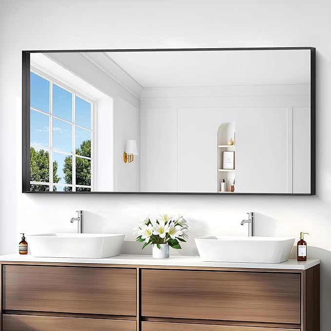 Black Bathroom Mirror, 30x60 Inch Rectangular Deep Frame Mirror, Large Wall Mounted Bathroom Vanity Mirror Over Sink for Bedroom,Restroom, Living Room, Hangs Vertically or Horizontally