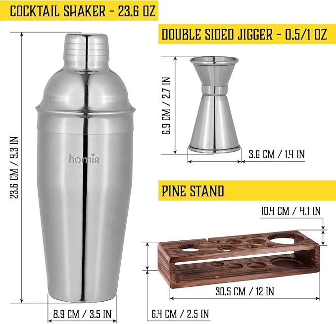 Bartender Kit with Whiskey Smoker - 13 pcs, Pine Stand - Bar Set with Cocktail Shaker, Bartending Kit with Essential Bar Accessory Tools, Wood Chips, Steel