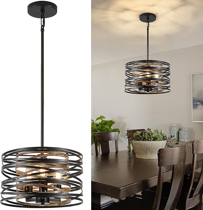 Farmhouse Chandelier, Dining Room Light Fixture, 3-Light Modern Black Pendant Light Fixture, Rustic Industrial Ceiling Hanging Light Fixture for Entryway Foyer Kitchen Over Table Hallway