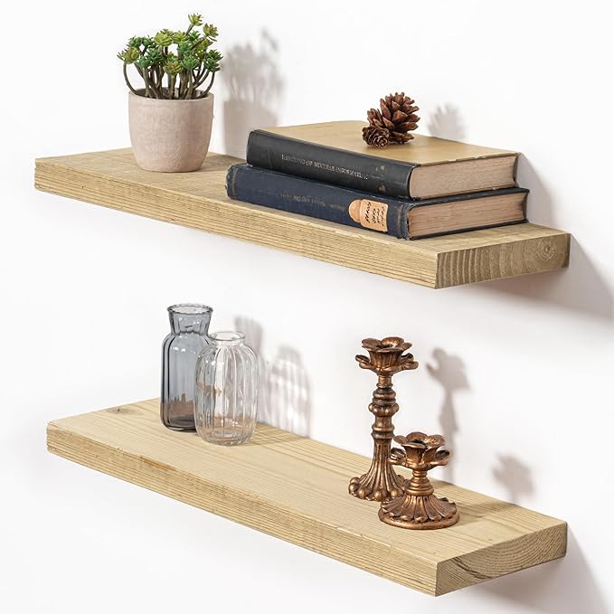 Fun Memories Floating Shelves for Wall Decor, 24"x8" Rustic Reclaimed Wood Shelves, Heavy-Duty Wall Mounted Shelves with Invisible Brackets, Set of 2for Living Room, Bedroom, Kitchen, Natural Finish