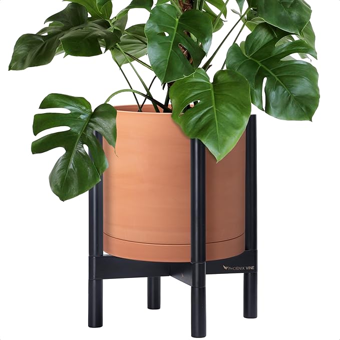 D'vine Dev Terracotta Planter with Ebony Stand - 12 Inch Modern Round Flower Pot with Wood Planter Holder, Terracotta, 55-B-H-5