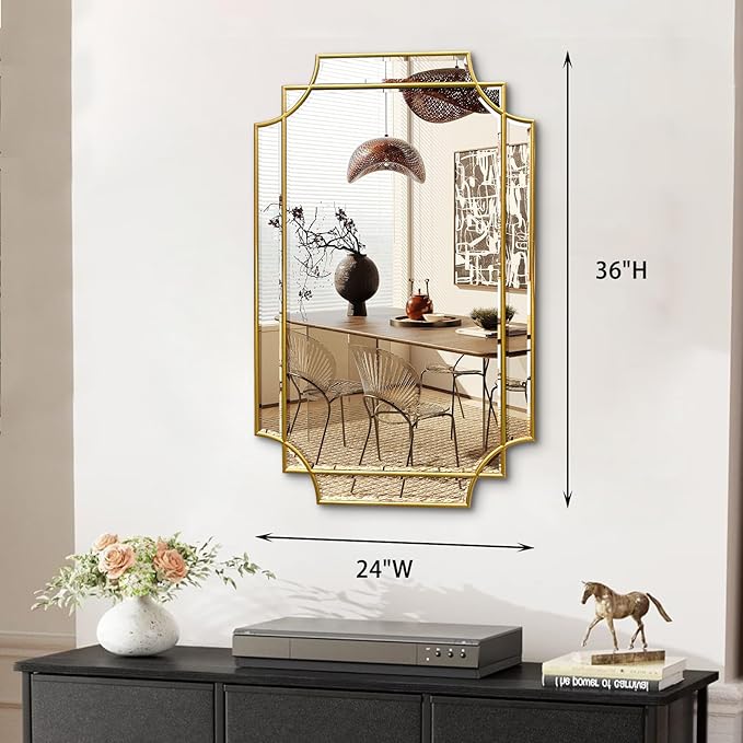 Gold Mirror for Wall, 36x24 Gold Wood Framed, Scalloped Beveled Polished Rectangle Mirror, Large Decorative Mirrors for Wall Decor, Irregular Mirror for Living Room, Bathroom Vanity, Entryway