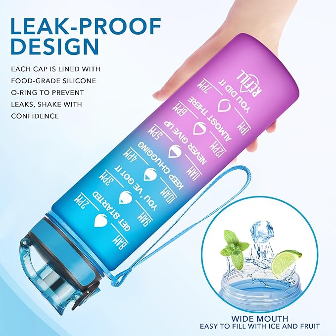 Enerbone Water Bottle, Leakproof BPA & Toxic Free, Motivational Water Bottle with Times to Drink and Straw, Fitness Sports Water Bottle with Strap for Office, Gym, Outdoor Sports