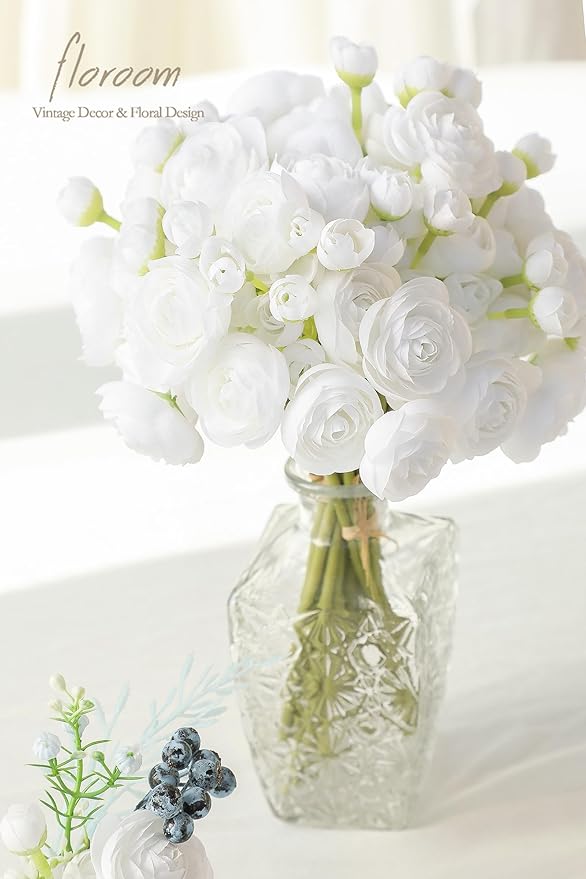 Floroom Ranunculus Artificial Flowers 18 Pcs White Faux Silk Mini Ranunculus Bulk Fake Wedding Filler Flowers for DIY Bouquets, Centerpieces, Bridal Shower Decorations & Arrangements