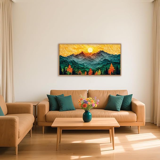 Abstract Sun Mountain Framed Canvas Wall Art Set, Forest Pine Tree Golden Sunset Wall Decor, Mixed Patchwork Landscape Art Print for Living Room, Bedroom, Dining Room, Office - 20"x40"