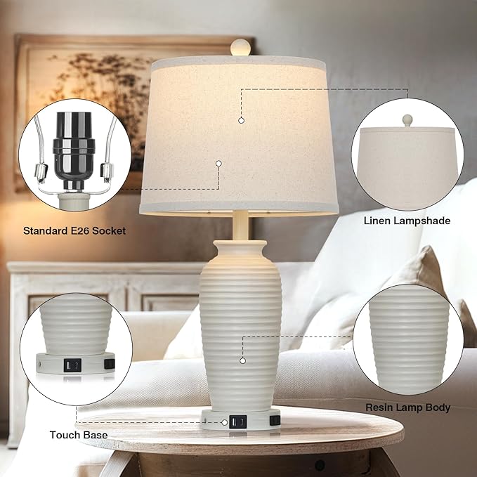 25" Farmhouse Jar Table Lamps Set of 2,Rustic Cream Pot Table Lamp for Bedroom, Living Room,3 Way Touch Control Rustic Bedside Lamps with USB A+C Ports & AC Outlet(LED Bulbs Included)