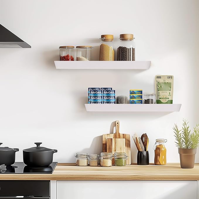 24"x6.8"x1.6" Slanted Floating Wall Shelves 2-Pack - Rustic White Finish, Heavy-Duty Solid Wood Design with Hidden Brackets - Perfect for Living Room, Kitchen, Bathroom, or Office