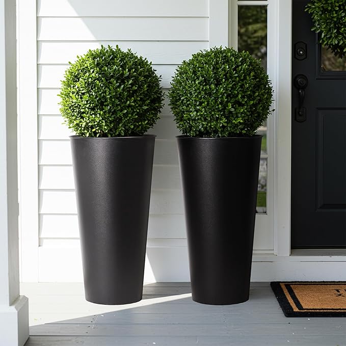 2-Pack 28" Tall Metal Planters - Heavy-Duty Round Flower Pots with Built-in Drainage + Rustic Industrial Finish, All-Climate Deck & Patio Ready Indoor/Outdoor Multi-Scene Garden Vessels