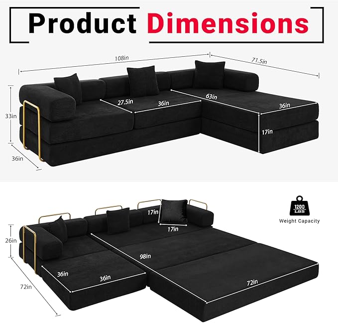 108" Oversized Convertible Sleeper Sofa Bed, Corduroy L Shape Sectional Couch, Folding Sofa Bed with Side Pocket, Modern Cloud Floor Mattress Couch, Modular Sofa for Living Room, Black