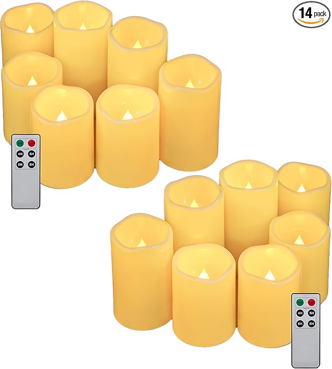 Aignis 14pcs Flameless LED Candles Battery Operated with Remote Timer, Outdoor Indoor Waterproof, Warm Glow for Cozy & Romantic Home/Wedding/Holiday Décor (D 3'' x H 4''/5''/6'')