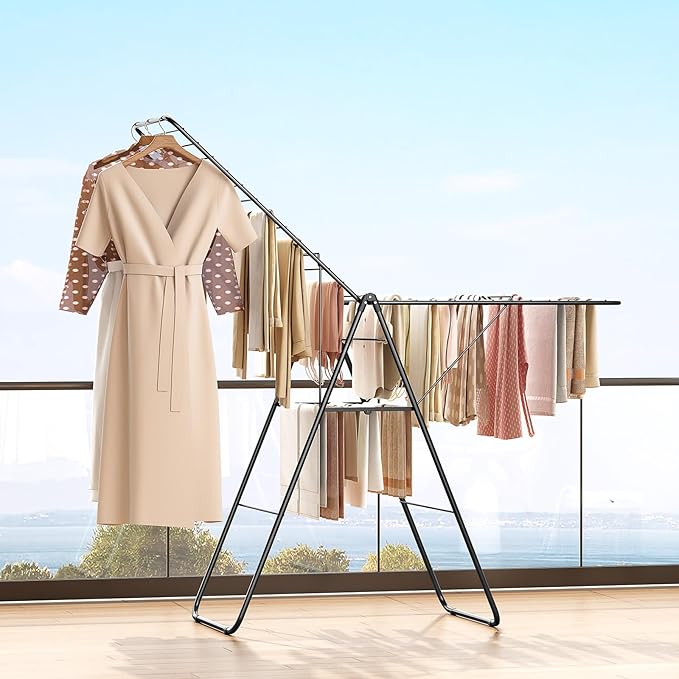 APEXCHASER Clothes Drying Rack, Oversized Drying Rack Clothing with Height-Adjustable, Foldable Gullwings Metal Laundry Rack, Indoor Outdoor Use, No Assembly, Black