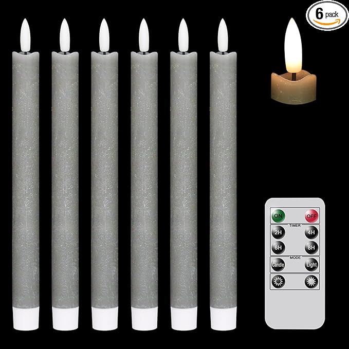 GenSwin Flameless Grey Taper Candles Flickering with 10-Key Remote, Battery Operated Led Warm 3D Wick Light Window Candles Real Wax Pack of 6, Christmas Home Wedding Decor(0.78 X 9.64 Inch)