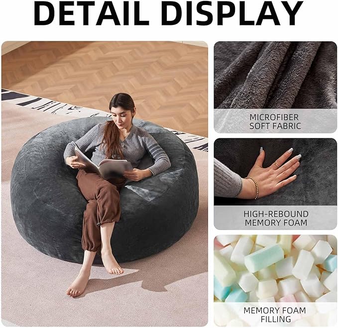 Bean Bag Chair 4Ft, Memory Foam Filled, Large Beanbag Chairs for Adults and Teens, Soft Sofa with Removable Flannel Cover, Round Couch for Living Room Bedroom College Dorm (Dark Gray, 4FT-47×47"×24")