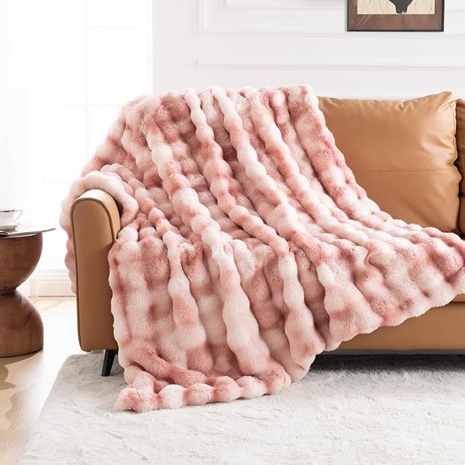 Cozy Faux Fur Throw Blanket for Couch-Warm Fuzzy Throw Blanket, Soft Plush Thick Bubble Blankets for Bedroom and Living Room, Furry Luxury Blanket, 60 x 80, Tie-Dye Pink