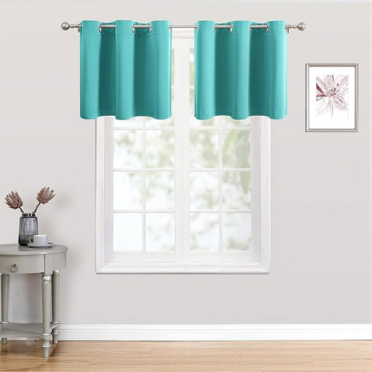 ChrisDowa Small Kitchen Valances for Windows - Grommet Short Thermal Insulated Room Darkening Window Valances Curtains for Living Room (2 Panels, Teal, 42 x 18 Inch)
