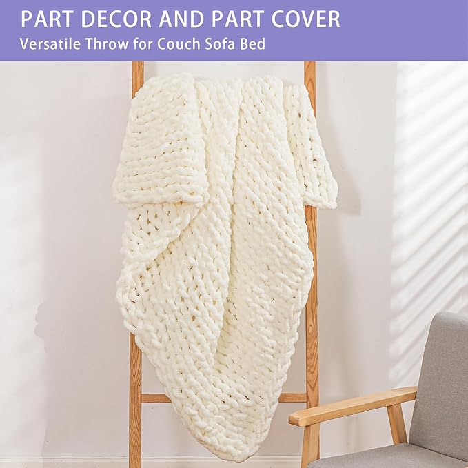 Bigacogo Chunky Knit Throw Blanket for Couch, 40x80 inches, 100% Hand Knitted with Thick Jumbo Chenille Yarn, Cozy Soft Large Rope Knot Cable Crochet Blankets for Sofa Bed Living Room, Ivory