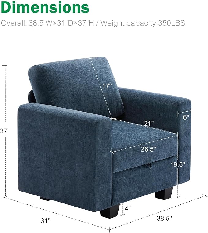 38.5 Oversized Accent Chair with Storage Blue Chenille, Single Modern Accent Sofa Chair with Arms for Apartment Living Room (21" Deep Seat)