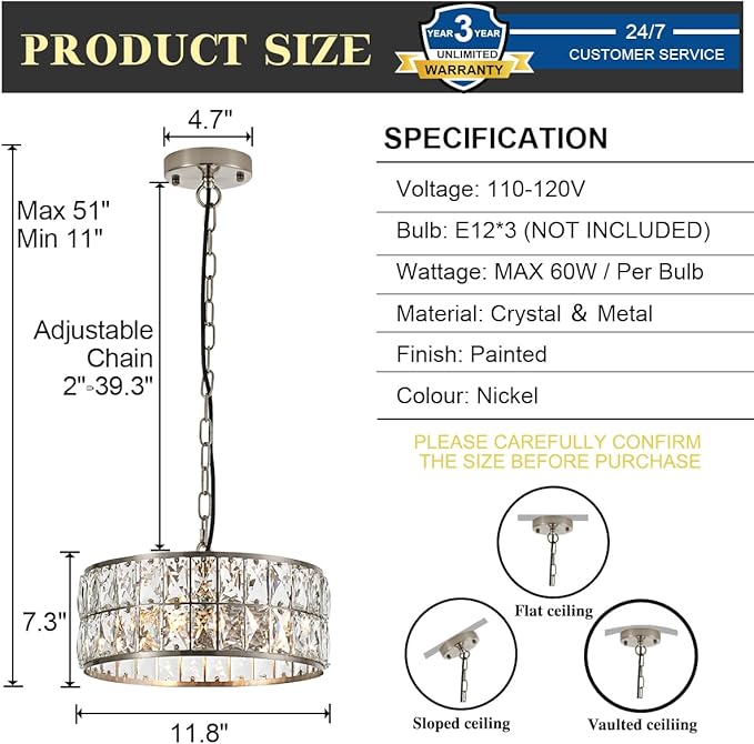 12” 3-Light Modern Crystal Chandeliers Nickel Dinning Room Light Fixture, Round Pendant Light Kitchen Island Chandelier, Flush Mount Ceiling Light for Living Room Entryway Bedroom Foyer
