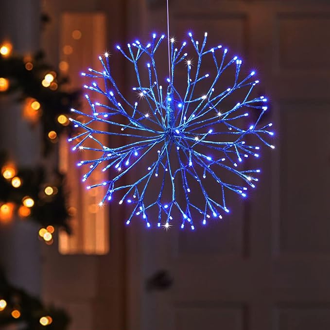 Christmas led Sparkle Ball Hanging Outdoor décorations -Haning Twig Ball,Snowflake Ornament Lights Indoor Outdoor Festive Holiday Décor 24Inch (Blue)