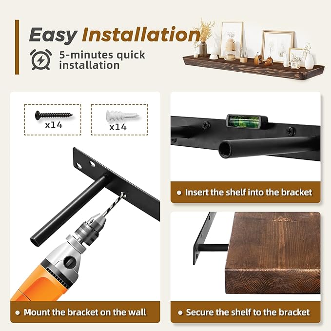 36"x6.8"x1.6" Slanted Floating Wall Shelves 2-Pack - Rustic Brown Finish, Heavy-Duty Solid Wood Design with Hidden Brackets - Perfect for Living Room, Kitchen, Bathroom, or Office