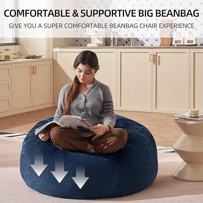 Bean Bag Chair 3Ft, Memory Foam Filled, Large Beanbag Chairs for Adults and Teens, Soft Sofa with Removable Flannel Cover, Round Couch for Living Room Bedroom College Dorm (Blue, 3FT-36×36"×24")