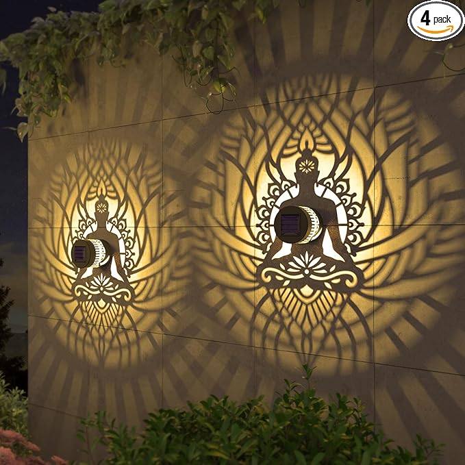 4 Pack Solar Fence Lights Metal Solar Powered Outdoor Wall Deck Step Lights Zen Theme Waterproof Fence Light for Garden Post Patio Backyard Yard Decor, Gardening Gifts for Women Mom Grandma