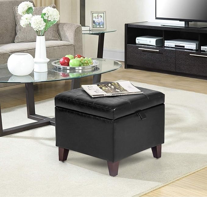 Adeco Storage Ottoman Foot Rest Stool, Leather Ottoman Footstool with Solid Wood Legs and Hinged Lid, 17.7" Small Foot Stool for Living Room, Bedroom