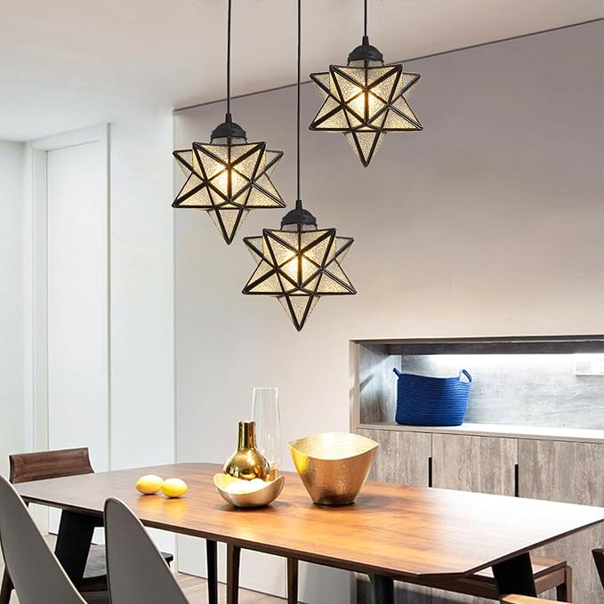 Farmhouse Glam Chandelier with Glass Star Pendants Light Fixture Elegant Ceiling Hanging Lights Included Warm Light Bulbs Black