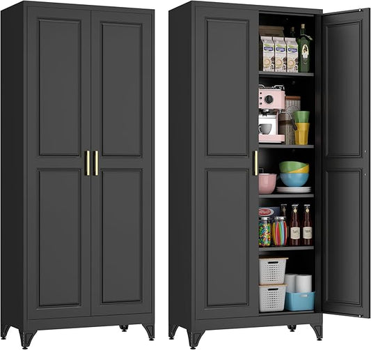 75" Kitchen Pantry Cabinet, Black Metal Storage Cabinets with 2 Doors and 4 Adjustable Shelves, Tall Pantry Storage Cabinet for Kitchen, Dining Room, Living Room