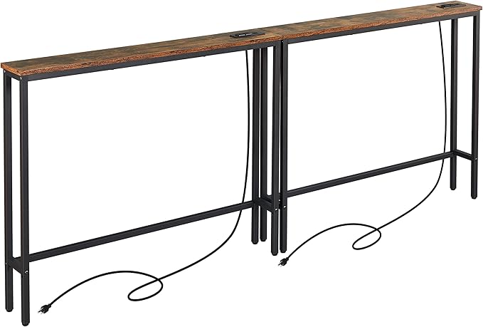 ELYKEN 2 Pack 5.9" Narrow Console Sofa Table with Power Outlets, 5.9" D x 39.4" W x 31.1" H Long Couch Table with Metal Frame and Charge Station with 6.5’ Extension Cord, Rustic Brown