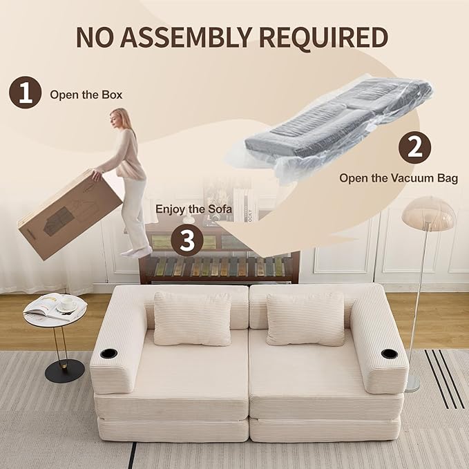 78" W Loveseat Sofa, 4 in 1 Convertible Floor Sofa Bed, Boneless Cloud Couch with Cup Holder, Fold Out Floor Couch, Loveseat Recliner Sleeper for Living Room Bedroom Lounge(Corduroy, White)