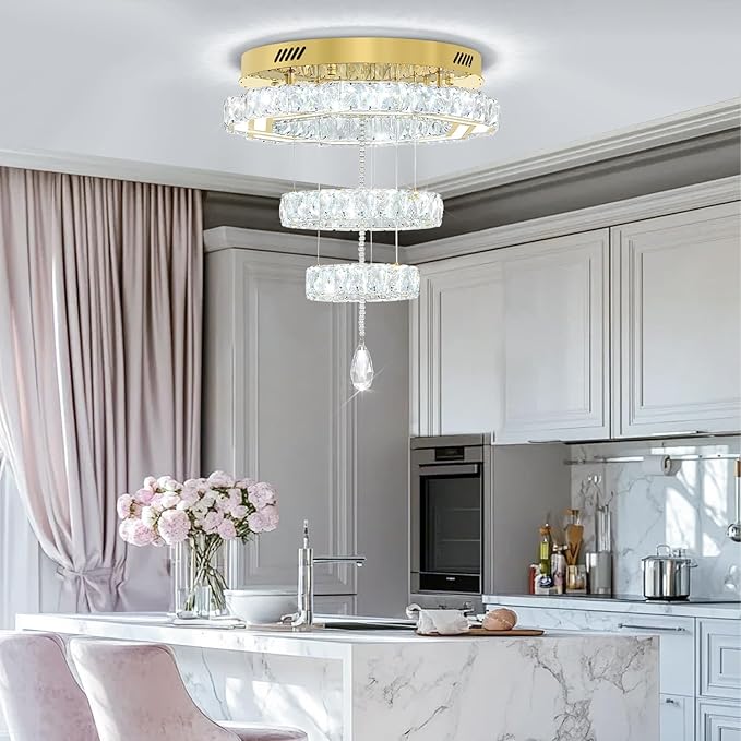 Flashing God 20" Crystal Chandelier Crystal LED Flush Mount Chandeliers for Living Room Bedrooms Dining Room Modern Gold Chandelier Lighting Dimmable 2700k 4500k 6000k