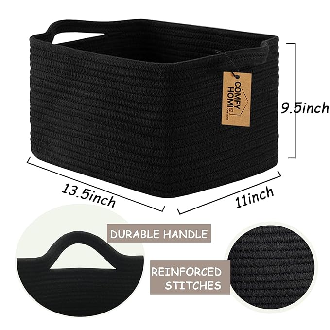 COMFY-HOMI Storage Basket for Shelves, Woven Baskets for Storage, Cotton Rope Basket,Toy Storage Organizer, Storage Cube Bin, Organization and Storage, Towel Baskets for Gift Empty, All Black