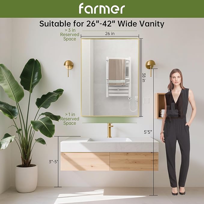 FARMER 26x38 Inch Gold Bathroom Mirror, Rectangle Wall Mounted Mirror, Vanity Mirror, Brushed Square Mirror, Framed Bathroom Mirror for Bedrooms, Entryways, Living Rooms, Horizontal/Vertical