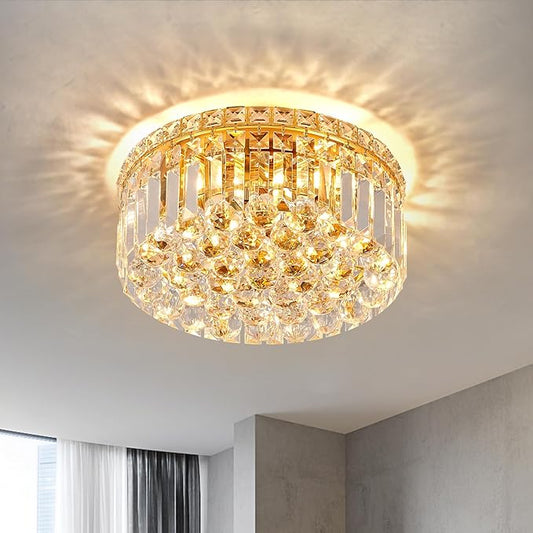 4-Light Gold Crystal Chandeliers Flush Mount Chandelier Light Fixture with K9 Crystals Modern Ceiling Lights Elegant Round Lamp for Bedroom,Hallway,Bar,Living Room,Dining Room,H5.9 xW13.7