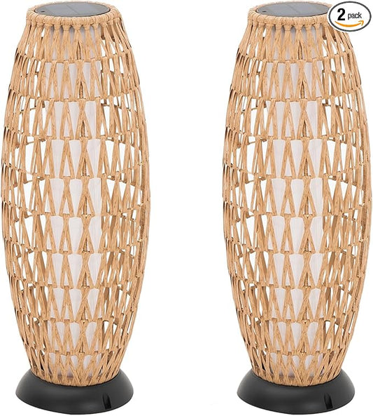 2 Pack Large Patio Solar Powered Lanterns for Garden Outdoor Decorative Floor Lamp Water-Resistant Wicker Lights for Deck Backyard
