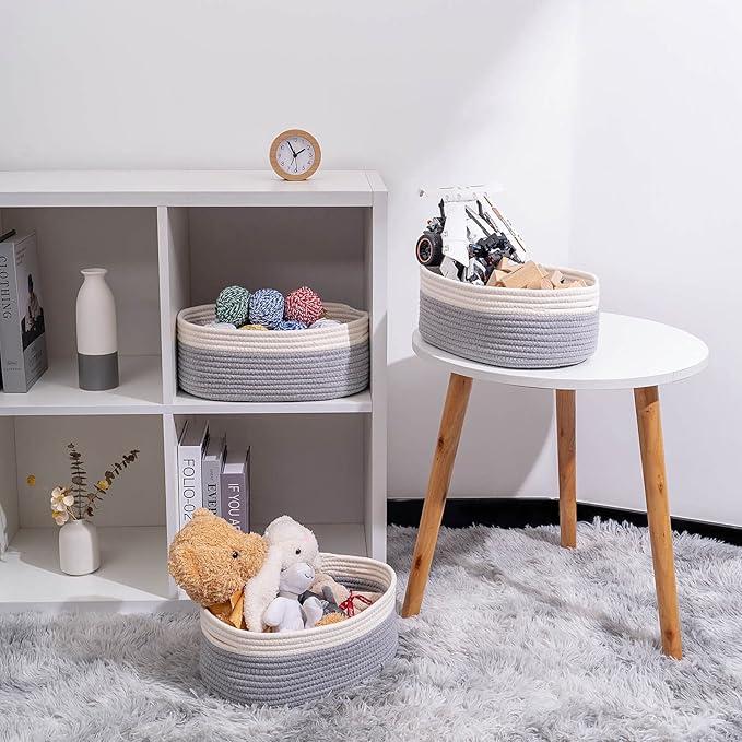 Baskets for Shelf Storage Cute Basket to Store and Organize Household Items/Woven Rope Basket for Living Room, Bedroom,Playroom/Durable Small Oval-13x8.66x5.11’’,3 Packs Off White&Gray