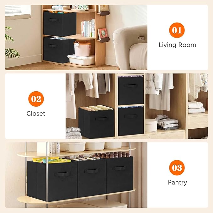 GhvyenntteS Storage Cubes 6 Pack, 11 Inch Cube Storage Bins with Dual Handles, Collapsible Heavy Duty Fabric Bins for Shelves Closet, Baskets for Organizing Clothes Bedding Toys Books (Black)