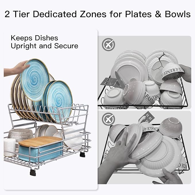 BOOSINY 2 Tier Grey Large Stainless Steel Dish Drainers Drying Rack for Kitchen Counter with Drainboard, Rust Proof Metal, Space Saving, Modern Aesthetic, Compact Plates Strainers with Extra Mat