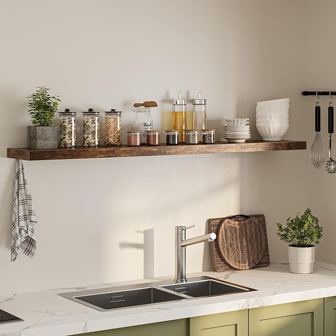 Floating Shelves for Wall, 72" W x 9.3" D x 1.5" H, Long Wooden Wall Mounted Display Shelf with Invisible Brackets for Living Room, Bedroom, Bathroom, Kitchen & Storage, Set of 1, Rustic Brown