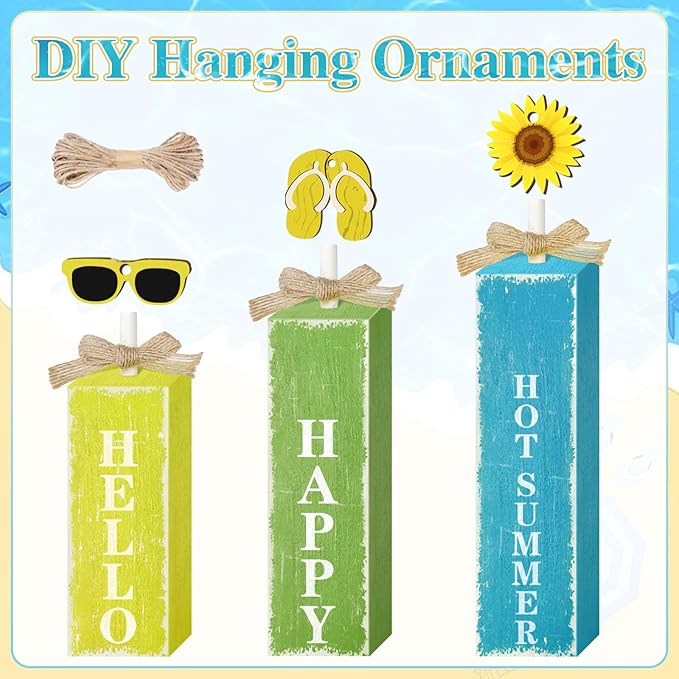 3 PCs Wooden Tiered Tray Decor Hello Happy Hot Summer Rustic Table Decor Block Signs for Beach Island Home Office Decorations (Summer-1)