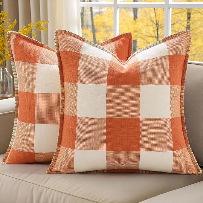 decorUhome Fall Orange and White Decorative Throw Pillow Covers 24x24 Set of 2, Buffalo Plaid Check Farmhouse Cushion Covers with Stitched Edge for Autumn Harvest Couch Sofa Bed Home Decor