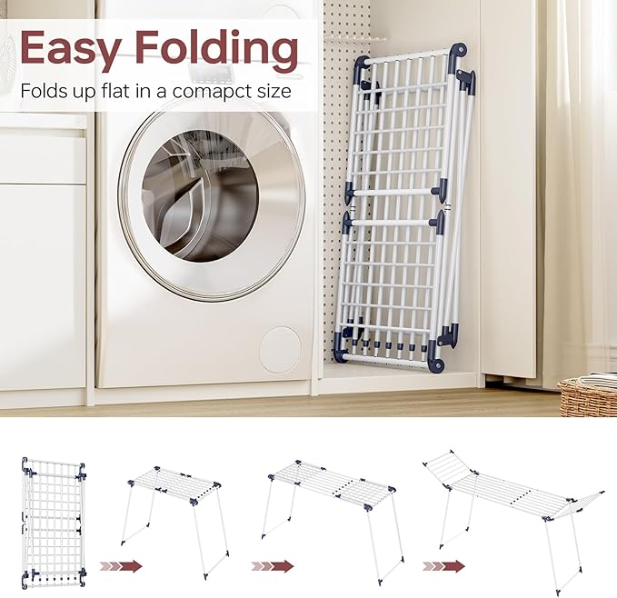 APEXCHASER Clothes Drying Rack Foldable, Large Drying Rack for Clothing Retractable, Winged Laundry Rack Folding Indoor Outdoor, Metal Clothes Airer for Bedding Towel Sweater Heavy Duty, White