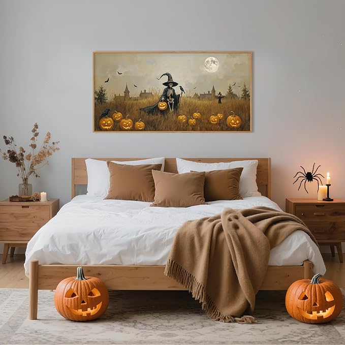 Celestdeco Halloween Ghost Reaper Framed Wall Art Set, Scary Witchy and Pumpkin Wall Decor, Horror Night Wall Painting,Full Moon Bats Art Prints for Living Room,Bedroom,Halloween Themed Party Decor-20"×40"