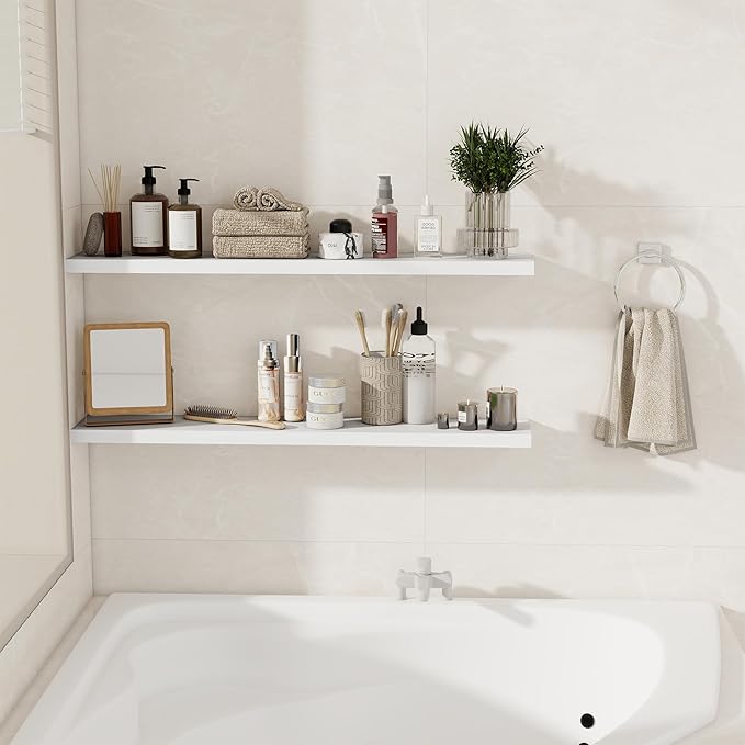 Floating Shelves for Wall, 40 Inch Floating Shelves for Home Decor, Wall Mounted Rustic Wood Shelves, Bathroom, Hanging Deep Shelf for Bedroom, Living Room, Kitchen (White, Set of 2)