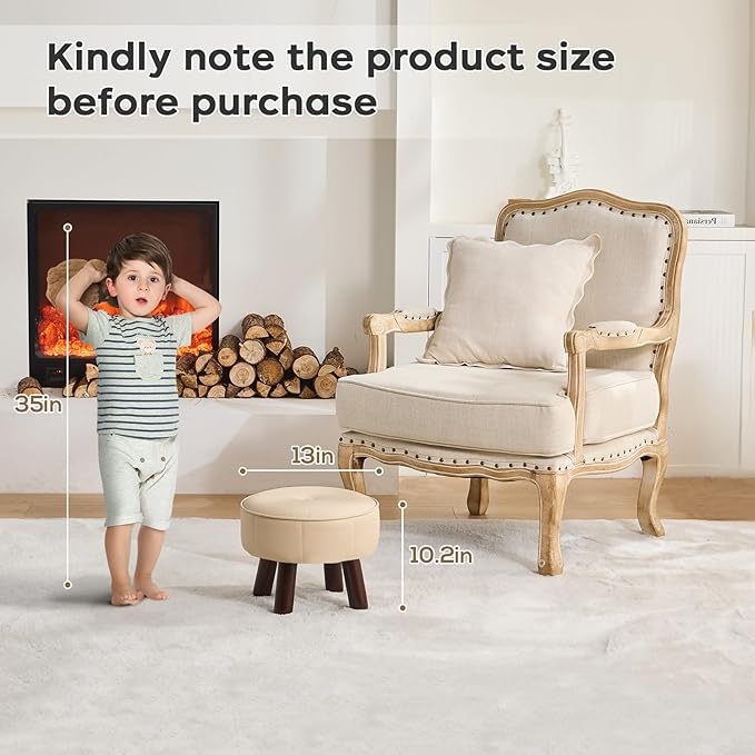 13in Small Foot Stool Ottoman, Round Faux Leather Foot Rest for Couch, Under Desk Pouf Footstool Footrest with Non-Skid Rubber Legs for Ling Room, Bedroom, 13''L x 13''W x 10.2''H, Beige