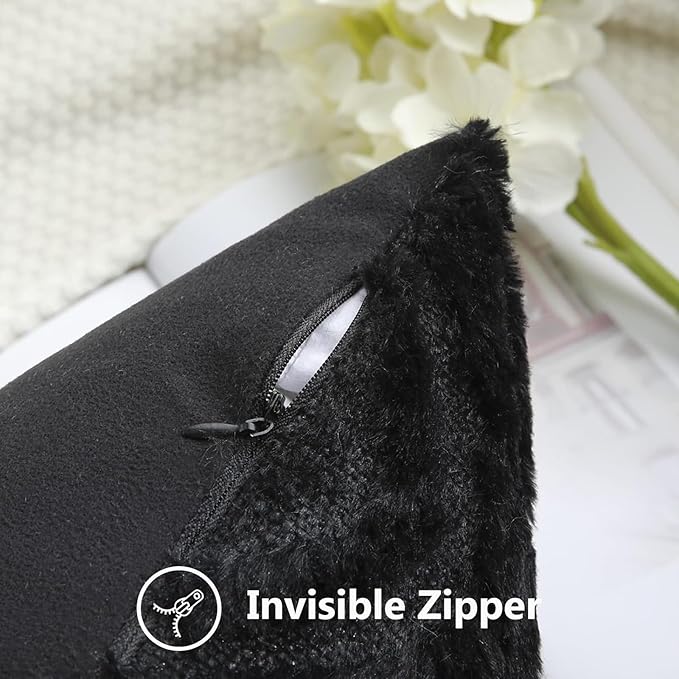 decorUhome Fall Throw Pillow Covers 24x24 Inch Set of 2, Soft Plush Decorative Faux Fur Black Solid Couch Pillow Covers, Accent Farmhouse Neutral Square Euro Pillow Cases for Sofa Bed Living Room