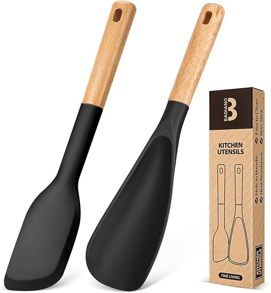 Cooking Spoon and Scraper for Nonstick Cookwares, Great for Cooking and Serving Durable BPA-Free Matte Silicone, Wood Handle Multifunction Spoon for Mixing, Scoop, and Scrape (BLACK)