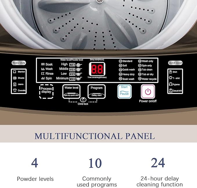 Full Automatic Washing Machine with LED Display, 17.7 lbs Portable Washer Drain Pump, 10 Programs & 8 Water Levels Selections, Ideal for RV, Camping, Apartment, Dorm, Gold