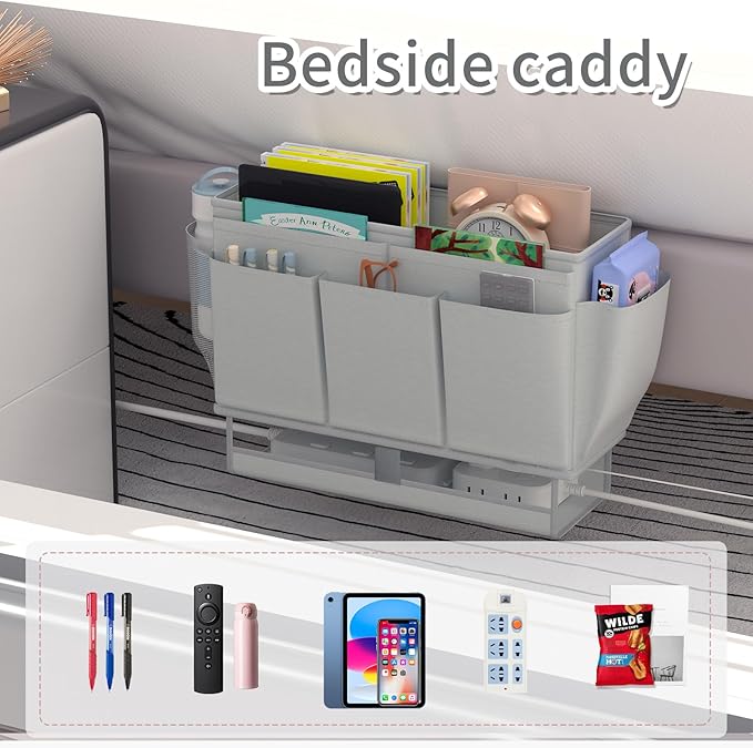 Bedside Caddy, Bed Organizer with 11 Pockets and Power Strip Holder, Versatile Bedside Storage Caddy for Home,Dorm,Bunk,Hospital,Crib Bed (2 Pack Grey)